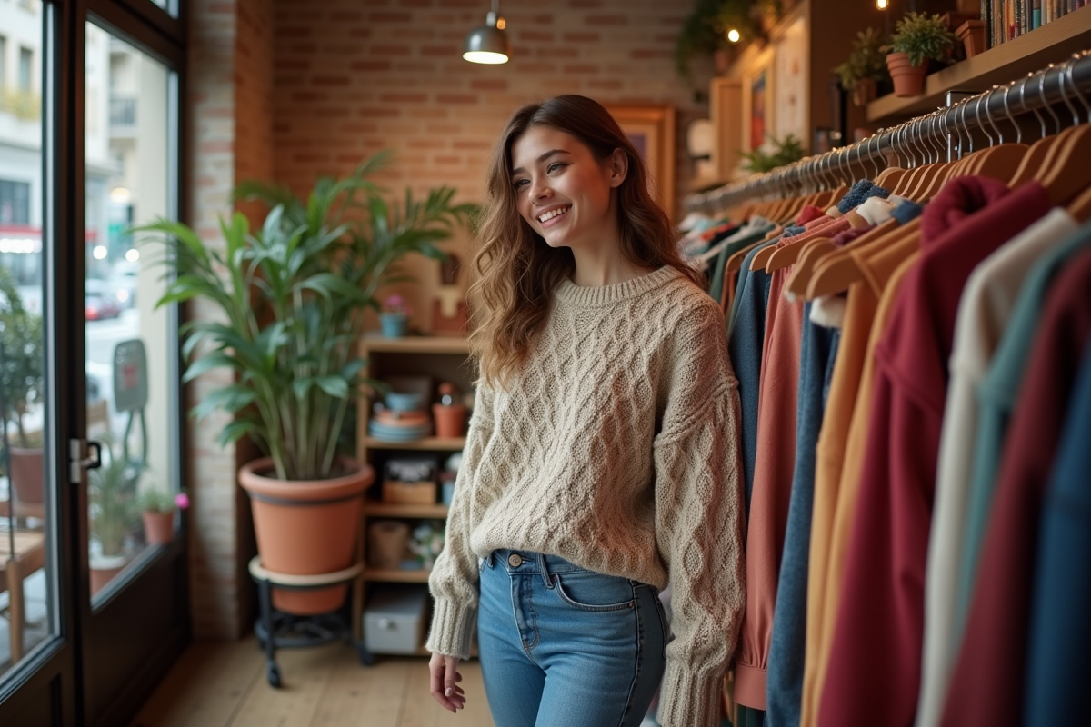 Jeune femme souriante dans une friperie parisienne