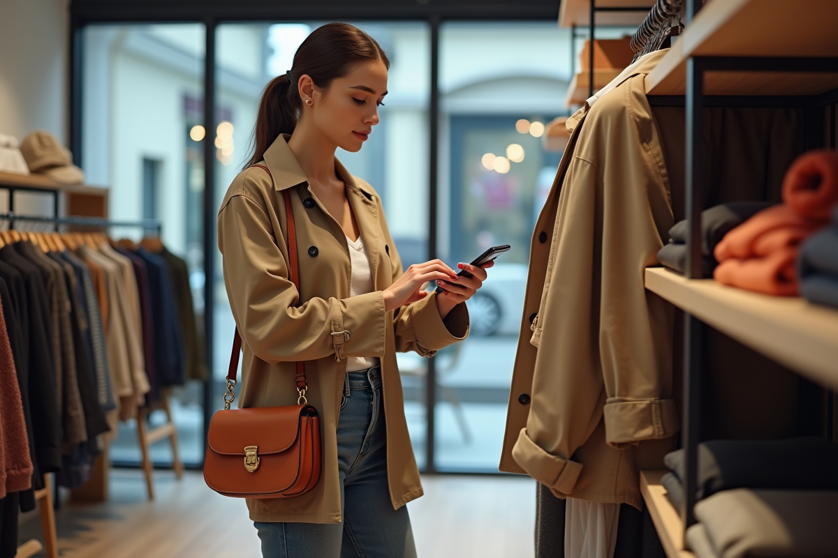 Jeune femme dans un magasin de vêtements regardant son smartphone