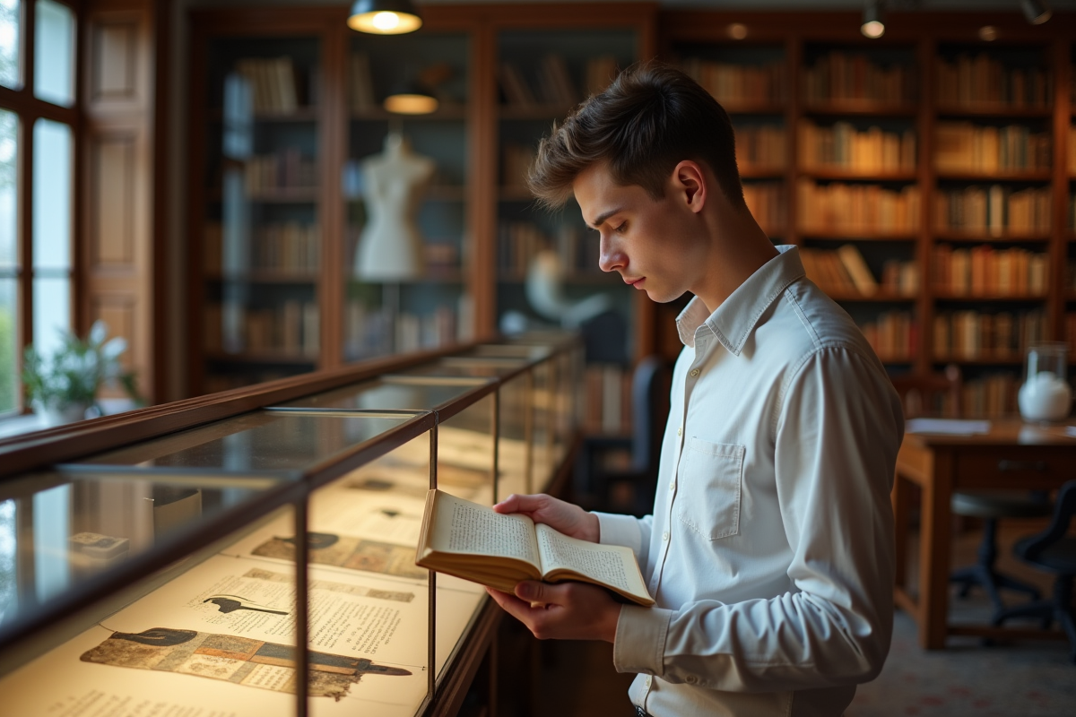 Jeune homme explorant des archives de couture anciennes