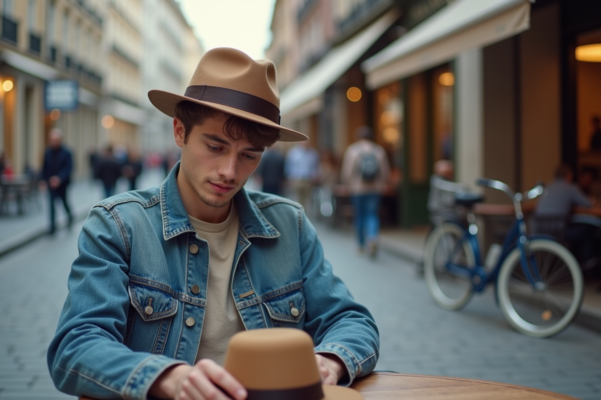 Jeune homme examinant un fedora en extérieur