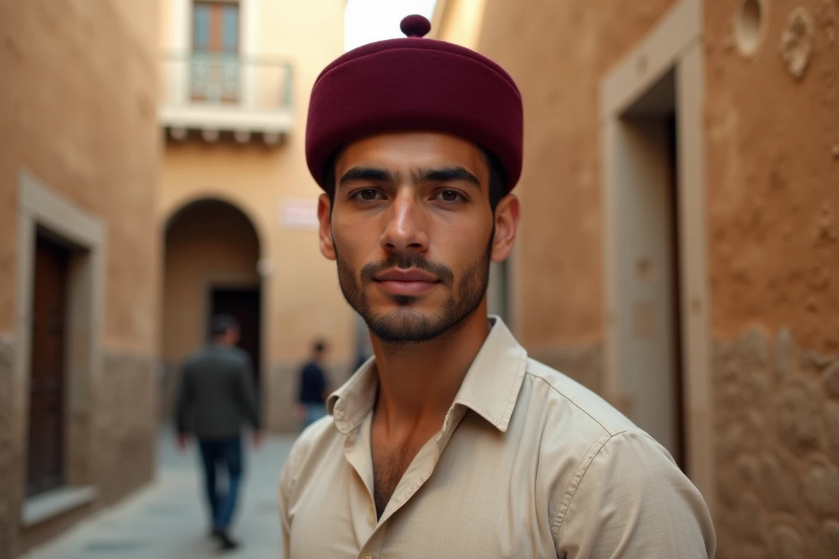 Jeune homme tunisien portant une chechia bordeaux traditionnelle dans une ruelle de médina aux murs en pierre ocre