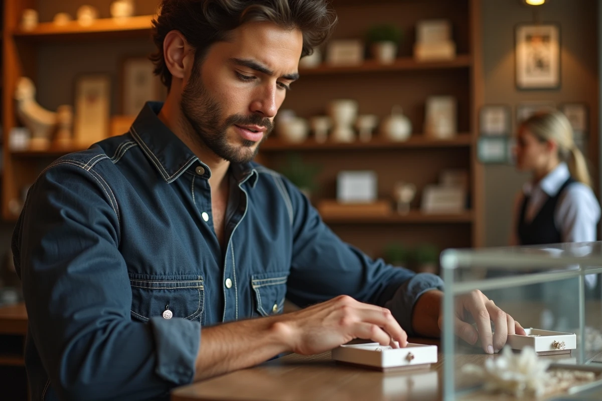 Jeune homme comparant deux boîtes à bijoux dans une boutique chaleureuse
