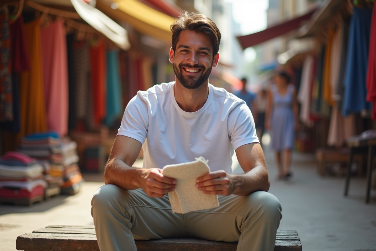 Jeune homme examine des échantillons de tissus au marché