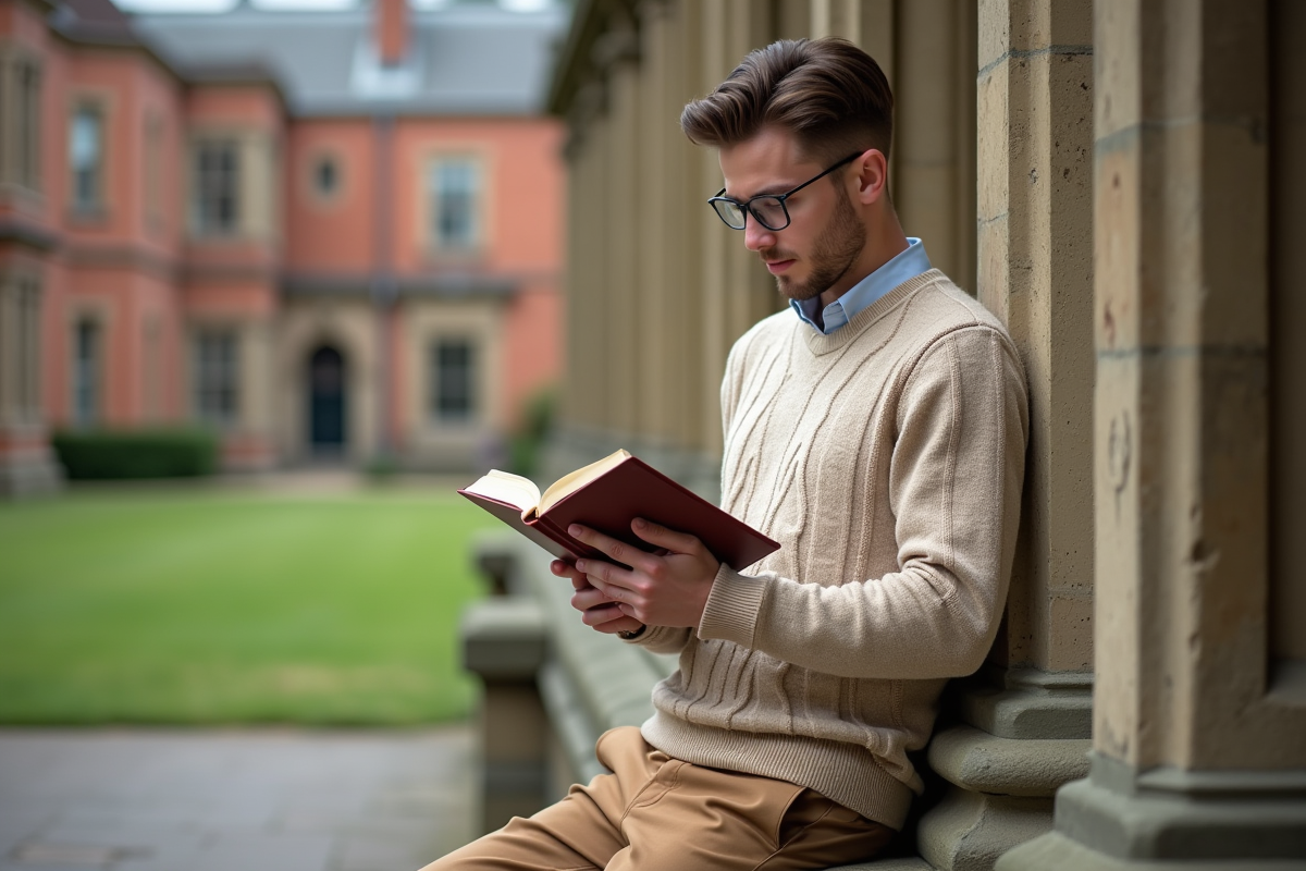 Jeune homme lisant un livre sur un campus universitaire historique