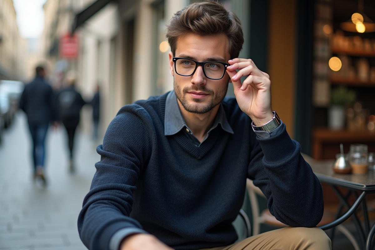 Jeune homme essayant des lunettes dans un café urbain