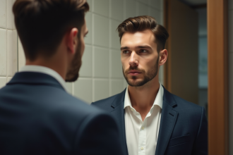 Jeune homme élégant regardant son reflet dans un miroir moderne