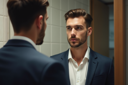 Jeune homme élégant regardant son reflet dans un miroir moderne
