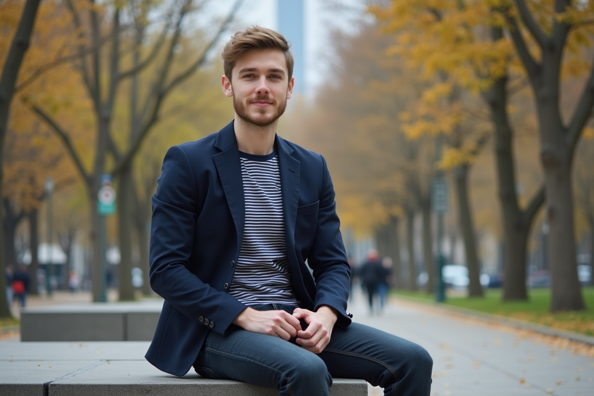 Jeune homme en ville dans un parc en automne