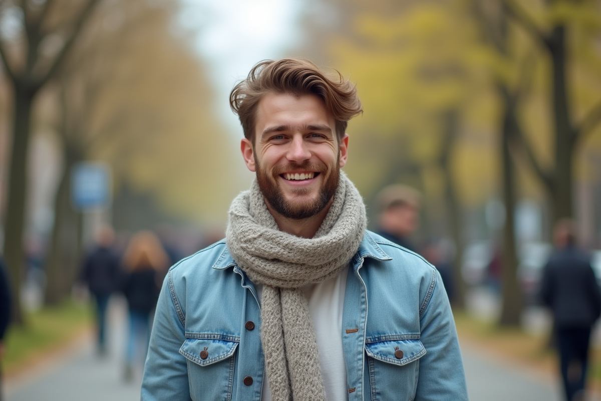 Jeune homme souriant dans un parc urbain au printemps
