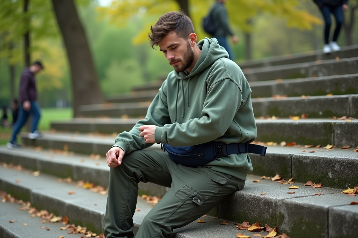 Jeune homme assis avec sac banane dans un parc