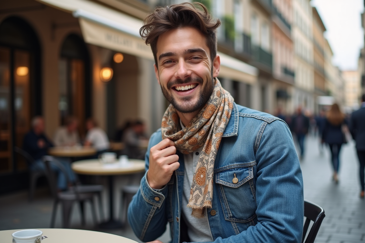 Jeune homme souriant avec foulard dans un café urbain