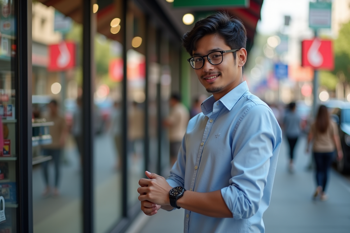 Jeune homme regardant sa montre devant un magasin d’électronique