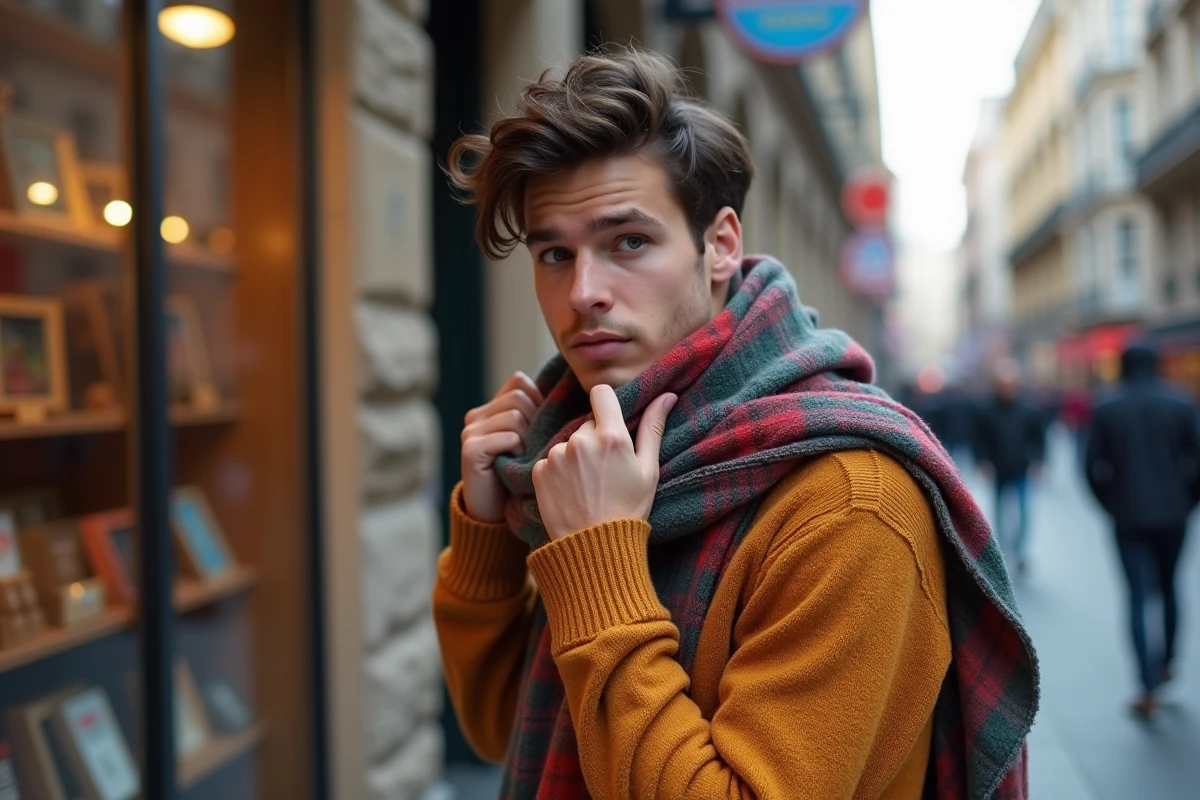 Jeune homme regardant un foulard dans une rue urbaine animée