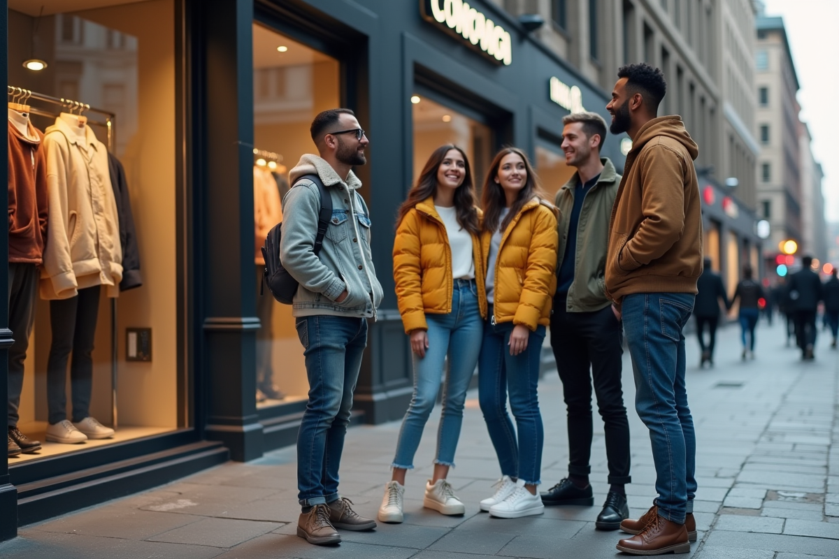Groupe de jeunes discutant devant un magasin de mode en ville