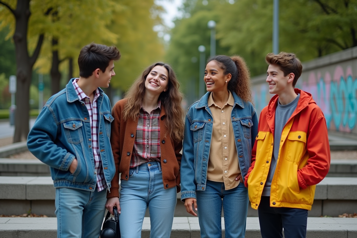Groupe de jeunes en mode 90s dans un parc urbain