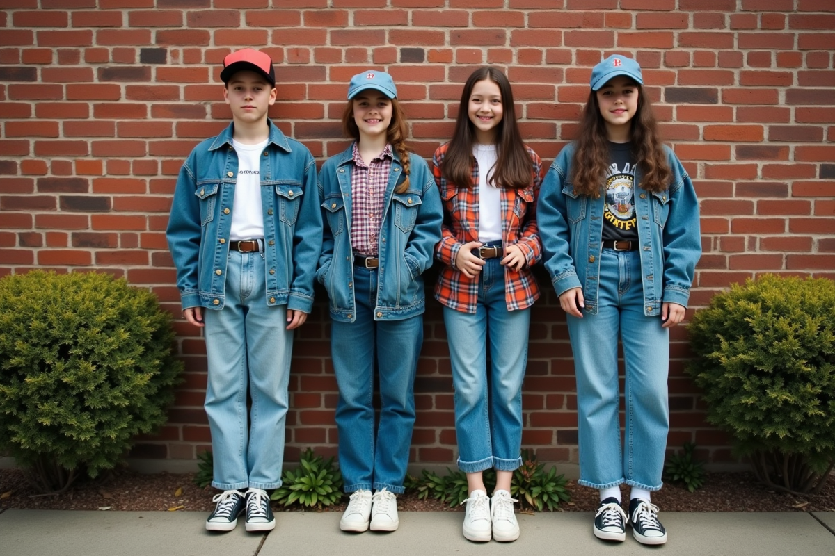 Groupe de jeunes des années 90 devant un lycée