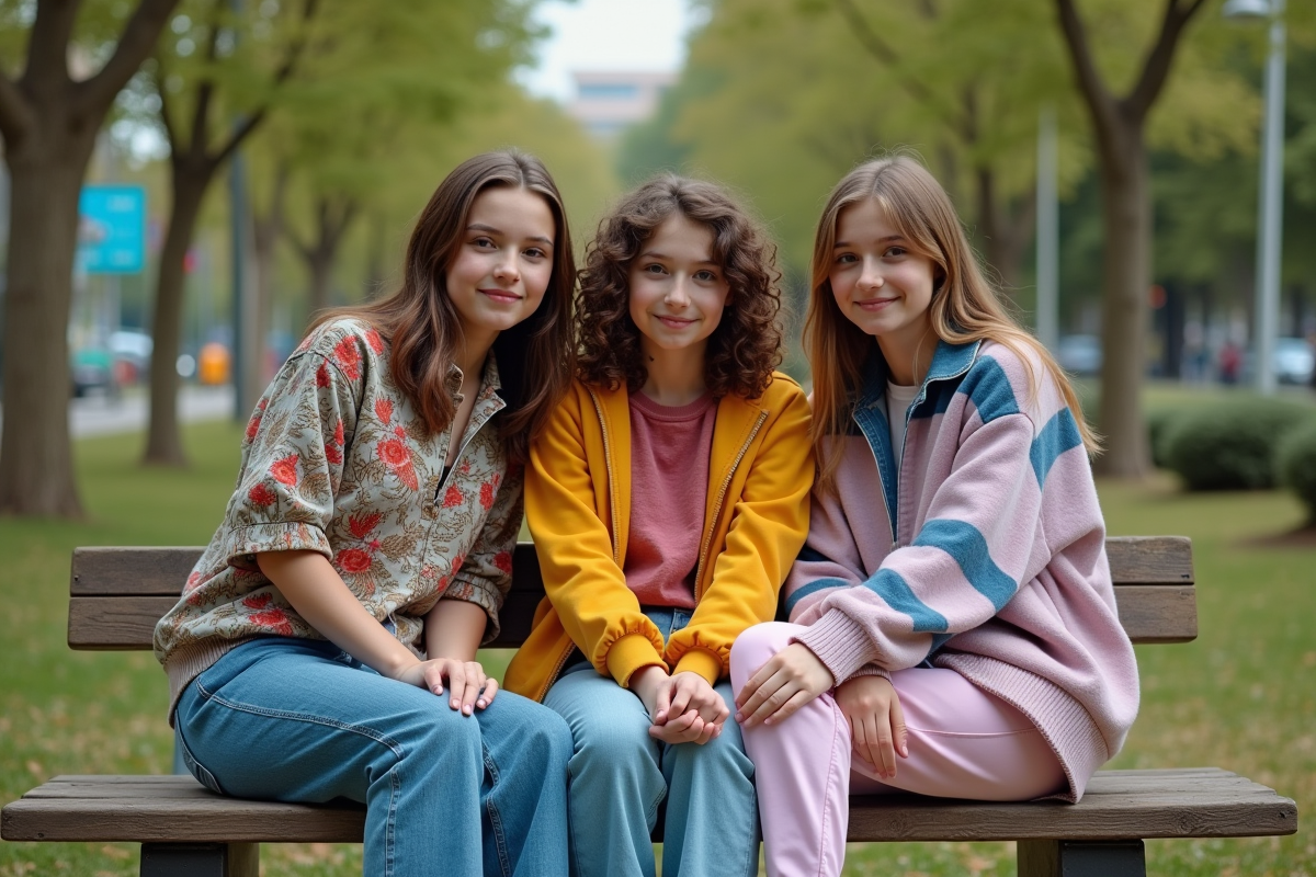 Jeunes en streetwear tendance dans un parc urbain verdoyant