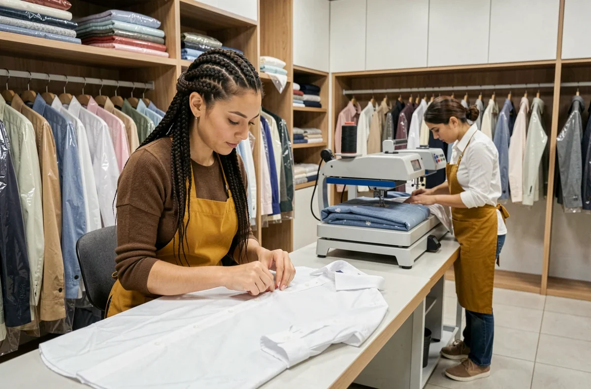 Couturière cousant un bouton sur une chemise blanche dans un atelier combinant couture et entretien textile