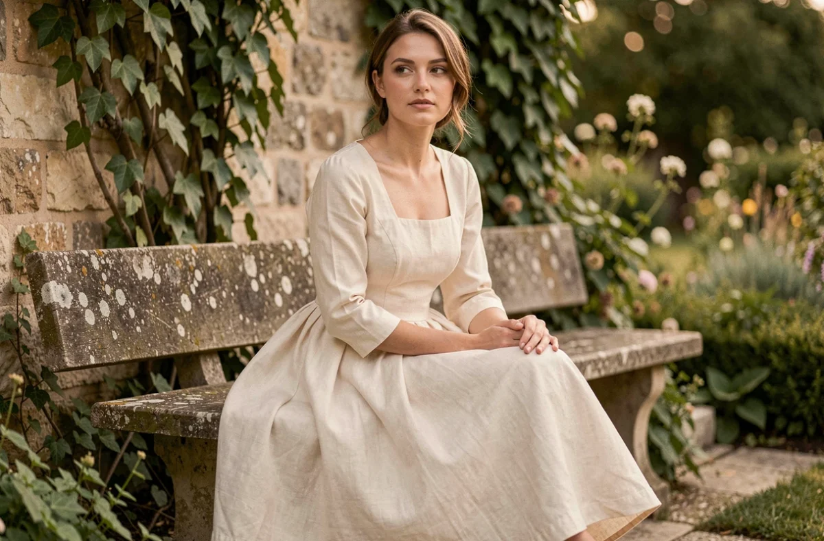 Femme portant une robe longue ivoire avec jupon structuré assise dans un jardin de campagne française