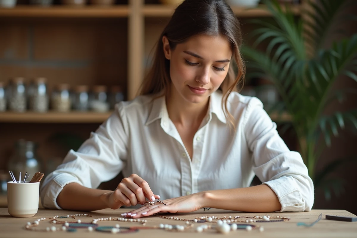 Jeune femme créant un bracelet minimaliste fin à son atelier en bois, enfilant des perles sur un fil élastique avec plusieurs bracelets délicats à son poignet