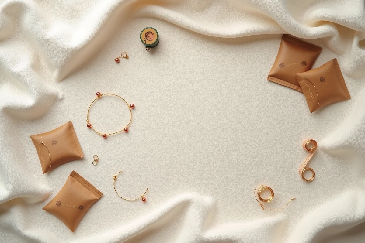 Flat lay d'un kit de création de bracelets minimalistes sur tissu lin, avec perles, fil doré, fermoirs et bracelets fins assemblés