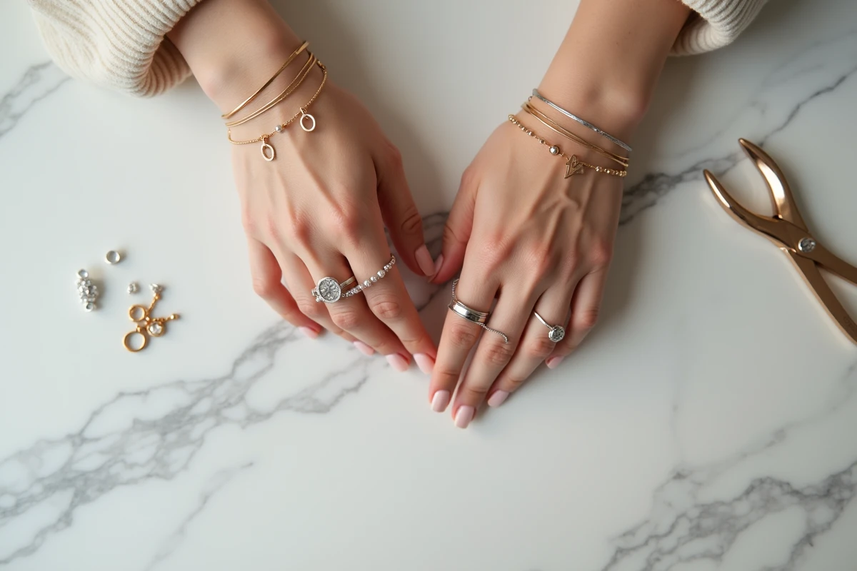 Mains de femme portant des bracelets minimalistes fins en or et argent posées sur un marbre blanc, avec des outils de création de bijoux DIY en arrière-plan