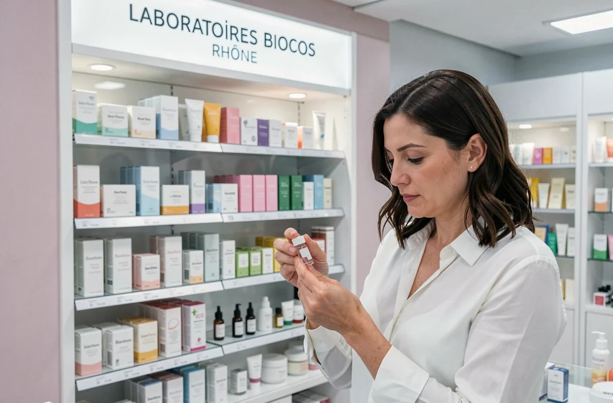 Magasin des Laboratoires Biocos dans le Rhône avec des produits cosmétiques en vitrine et une cliente examinant un soin