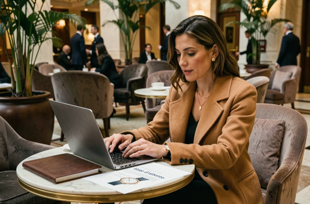 Une femme élégante consulte une liste d'attente pour une Rolex dans un café d'hôtel de luxe, avec agenda et ordinateur portable
