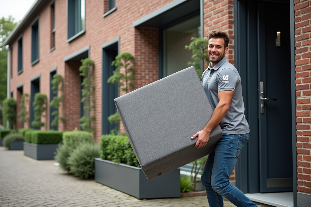 Livreur souriant portant un canapé devant une maison belge
