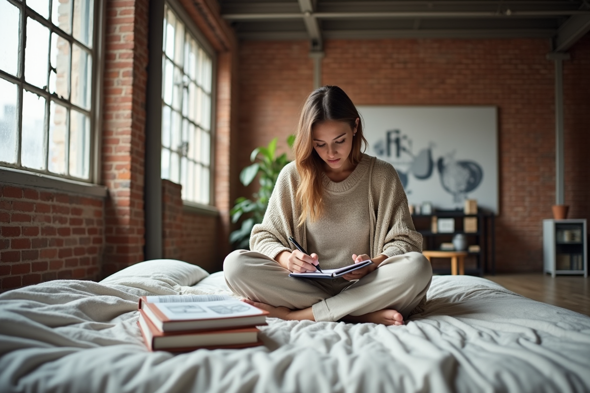 Femme dessinant des plans dans un loft lumineux et spacieux
