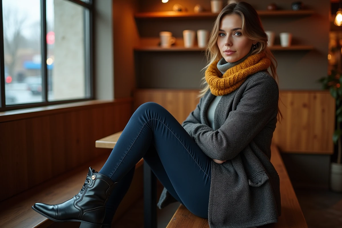 Femme assise dans un café portant des santiags noires, collants marine, jean droit et blazer à chevrons gris pour un look hivernal superposé