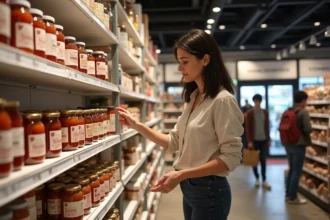 Femme faisant ses courses au magasin Dancharia au Pays basque, rayons de produits régionaux basques