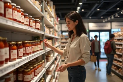 Femme faisant ses courses au magasin Dancharia au Pays basque, rayons de produits régionaux basques