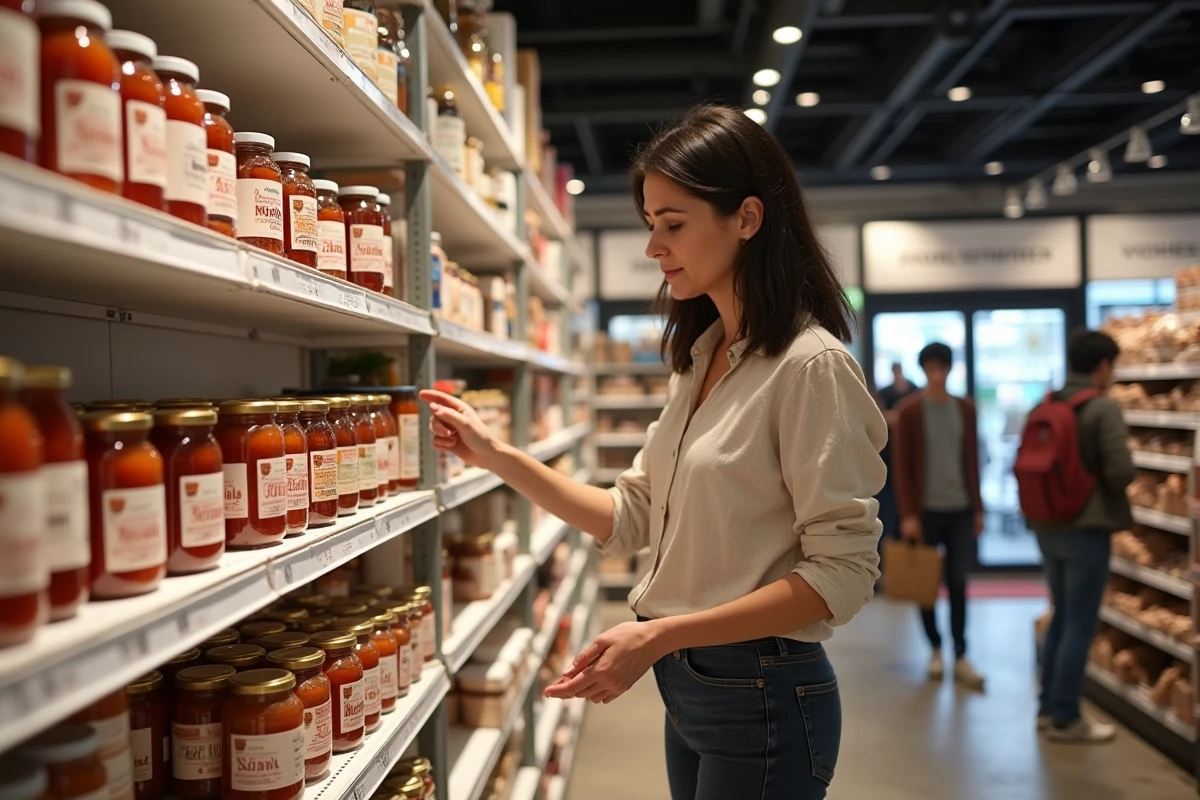 Femme faisant ses courses au magasin Dancharia au Pays basque, rayons de produits régionaux basques