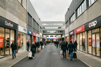 Vue d'ensemble d'une rue commerçante de magasins d'usine dans le Rhône avec des enseignes de marques et des acheteurs