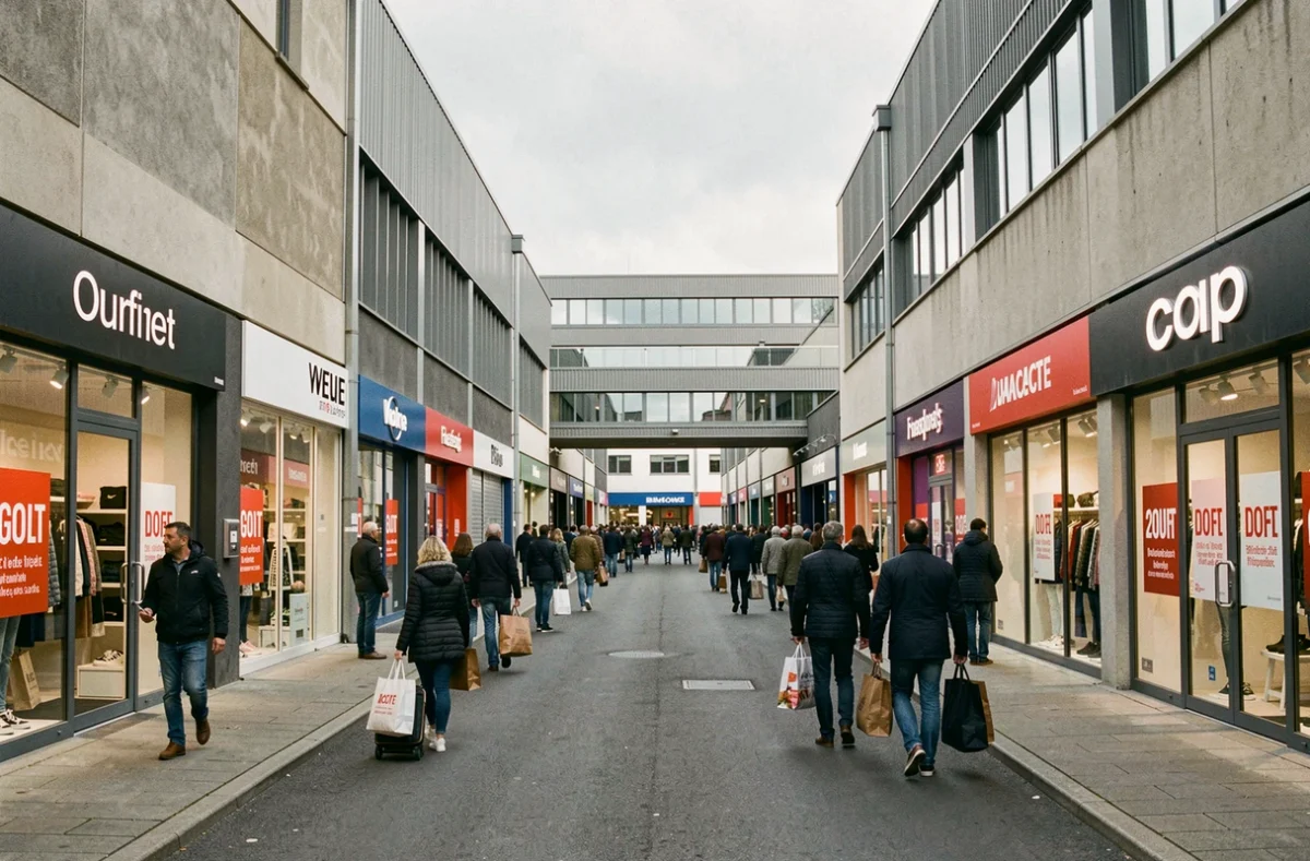 Vue d'ensemble d'une rue commerçante de magasins d'usine dans le Rhône avec des enseignes de marques et des acheteurs