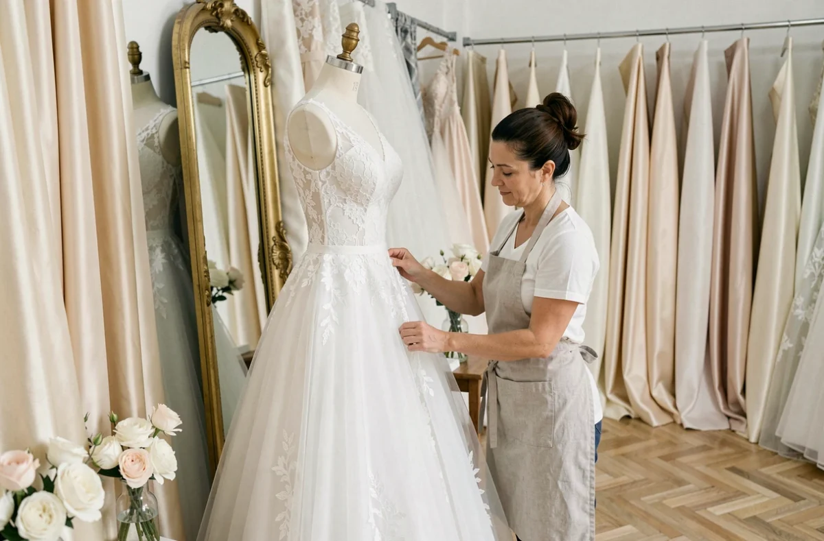 Couturière spécialiste robes de mariée ajustant une robe blanche dans un atelier élégant à Colombes