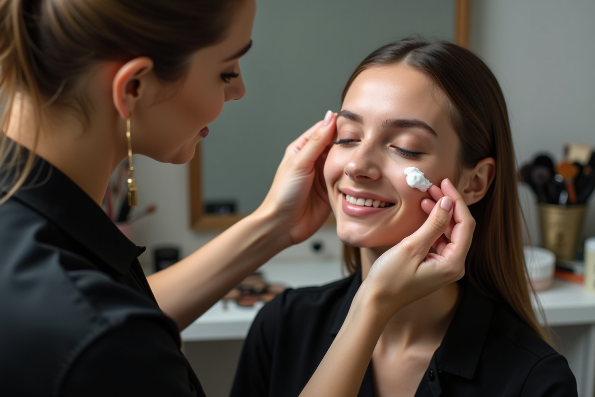 Maquilleuse appliquant une creme sur un visage naturel