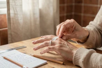 Femme mesurant son doigt avec une bandelette de papier et une règle sur une table en bois pour connaître sa taille de bague sans baguier