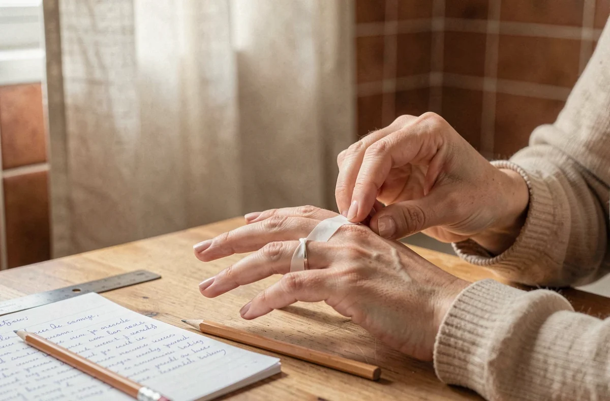 Femme mesurant son doigt avec une bandelette de papier et une règle sur une table en bois pour connaître sa taille de bague sans baguier