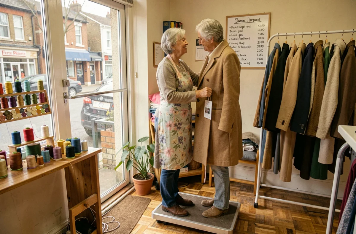 Couturière de proximité épinglant l'ourlet d'un manteau sur une cliente dans un petit pressing de quartier