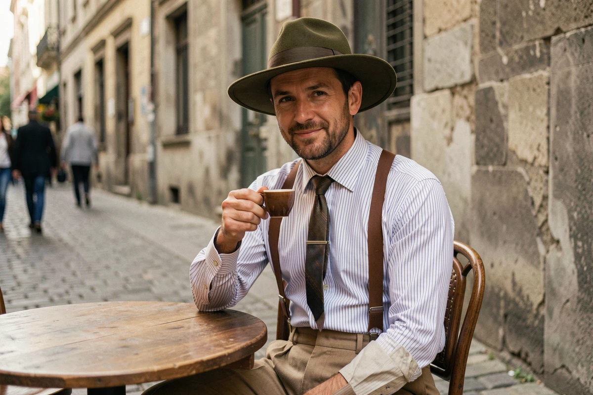 Homme assis en terrasse de café portant un chapeau feutre et des bretelles dans un style mode années 1930 accessible