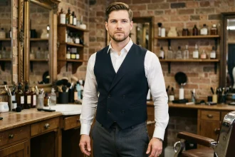 Homme en costume années 30 avec gilet double boutonnage et pantalon taille haute dans un salon de barbier vintage