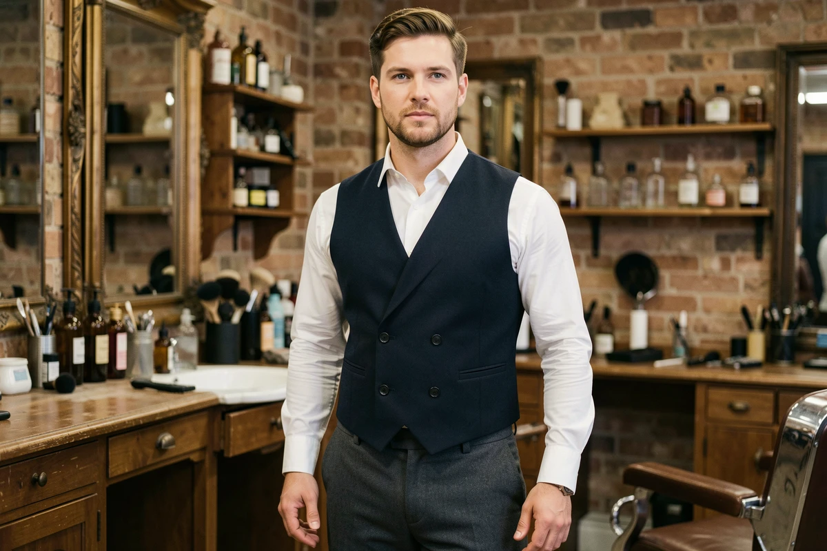 Homme en costume années 30 avec gilet double boutonnage et pantalon taille haute dans un salon de barbier vintage