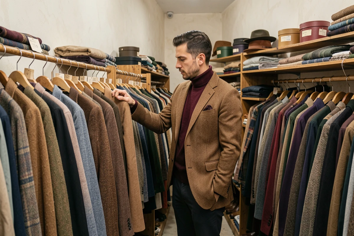 Homme parcourant des vêtements style années 30 dans une boutique de seconde main avec blazer tweed et col roulé bordeaux
