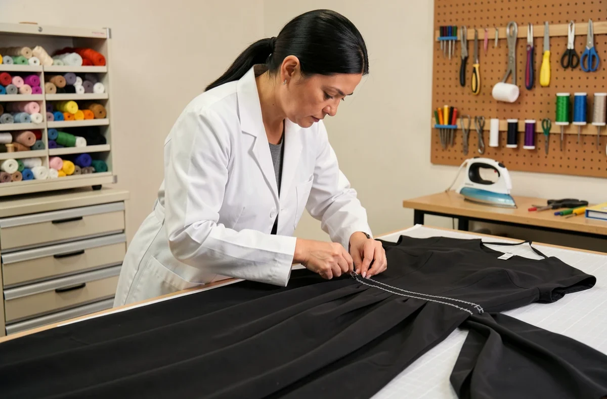 Spécialiste en retouche ouvrant une couture sur une robe de soirée dans un atelier professionnel
