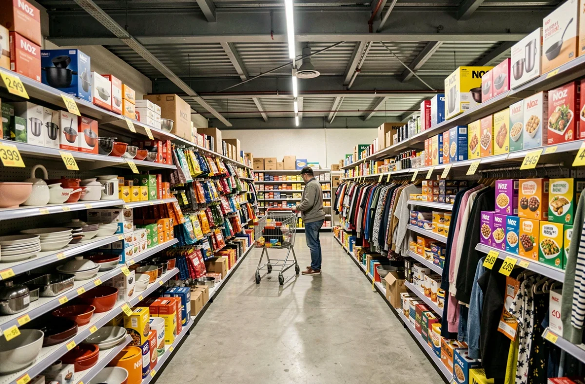 Intérieur d'un magasin Noz à Lyon avec des rayons de produits déstockés et un client faisant ses courses