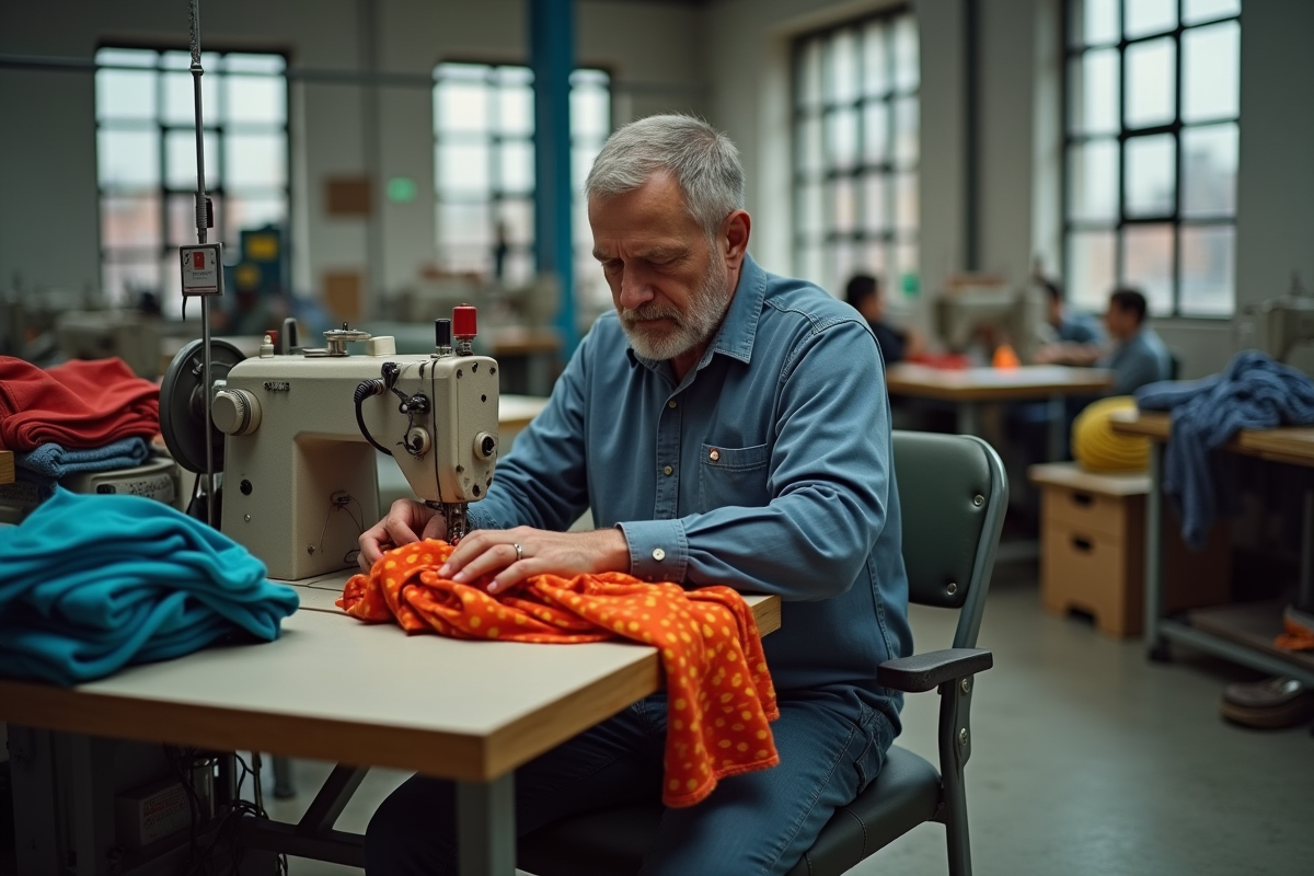 Ouvrier textile cousant des vêtements dans l