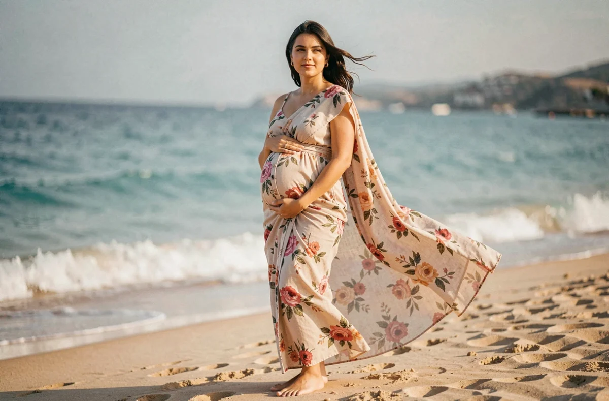Femme enceinte portant un paréo robe fleuri sur une plage de sable fin avec mer turquoise en fond