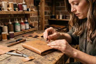 Femme artisane personnalisant un portefeuille en cuir beige avec une aiguille et du fil ciré dans un atelier rustique